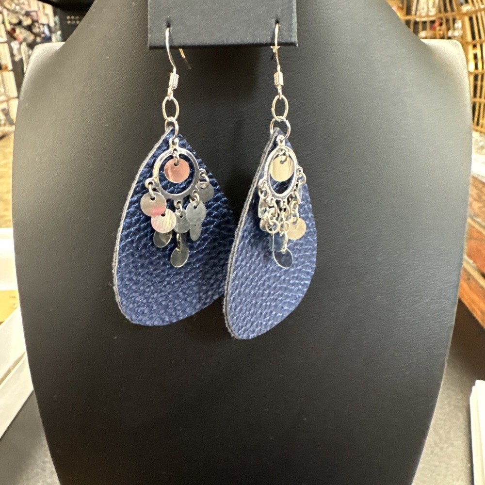 Blue Leather Dangle‎ Earrings